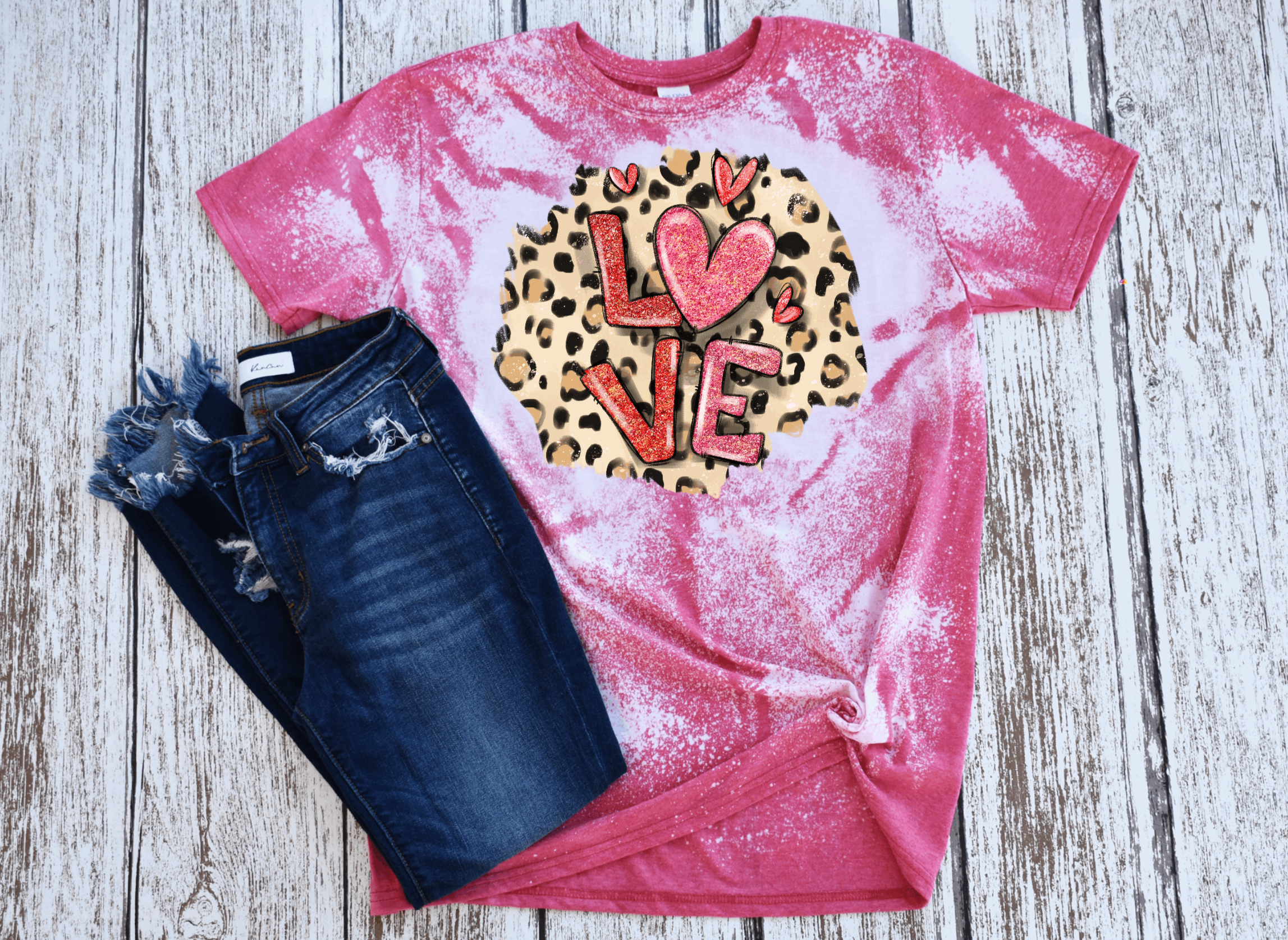 Leopard Print and LOVE Bleached Women's Short Sleeve Tshirt